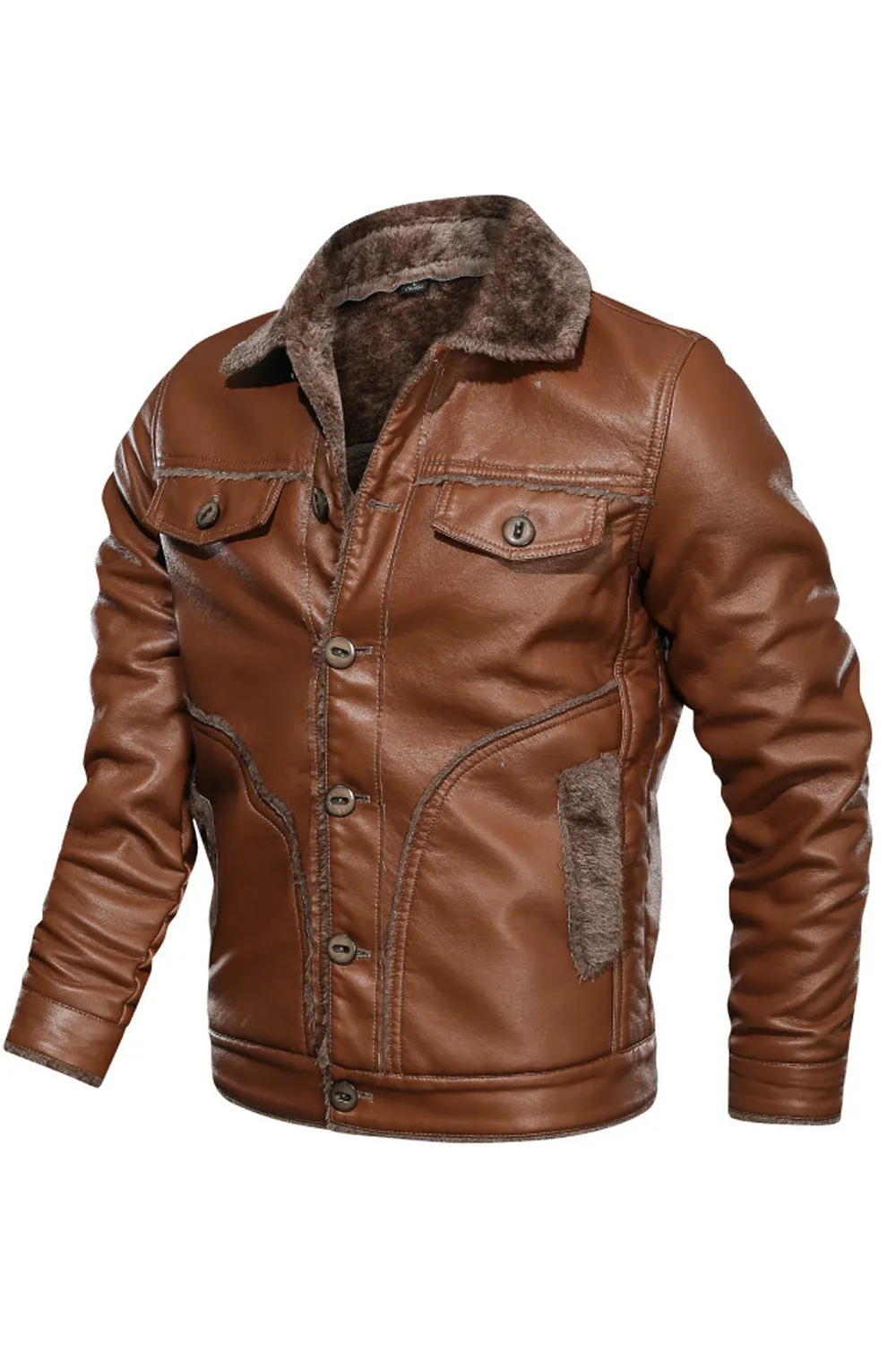 Men Amazing Collar Neck Pocket Styling Long Sleeve Cozy Leather Jacket - MLJ90331