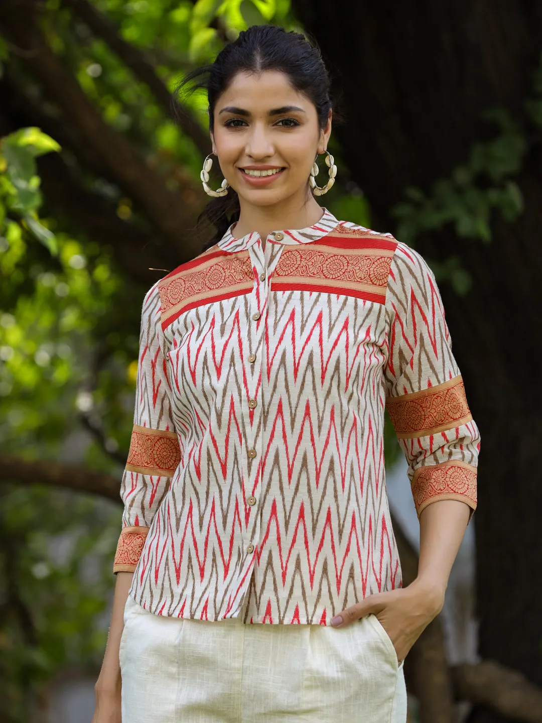 White Ikat Printed Chanderi Jacquard Shirt